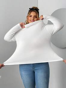 SHEIN CURVE+ 大码女款两件套高领紧身长袖打底T恤套装适合秋冬季节。黑白T恤两件套 - 黑與白 - 查看 8