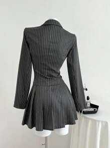 Elamini 2pcs Women's Striped Suit Set With Collared Blazer Jacket And Pleated Dress, Black, Suitable For Commuting, School Style, Back To School Season - Dark Grey - View 2