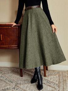 Vintamour 复古优雅女式高腰带口袋半身裙，宽松A字裙，休闲/工作服圣诞裙派对裙新年除夕感恩节假期冬季半身裙 - 軍綠色 - 查看 5