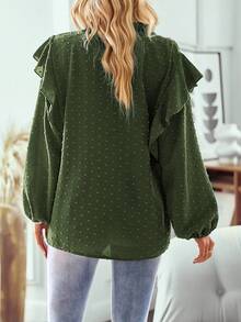 EMERY ROSE Áo cánh rộng tay loe cổ chữ V ren tương phản thời trang cho nữ - xanh quân đội - Xem 2