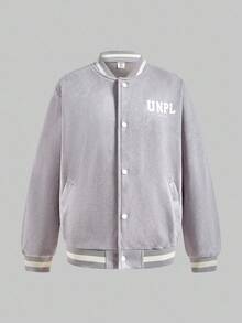 SHEIN 1 件男童休闲灰色字母印花棒球夹克，常规厚度，日常穿着，秋季 - 淺灰色 - 查看 8