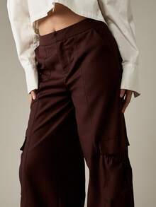 MISSGUIDED 阔腿工装裤，带抽绳细节，褶饰口袋，高腰街头风，秋冬长裤，时尚潮流下装 - 棕色 - 查看 4