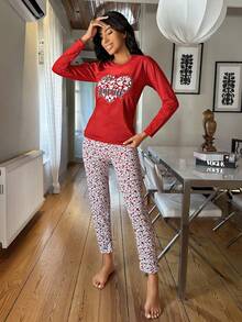 RueChic 100%Cotton Heart & Slogan Graphic PJ Set - Red - View 5