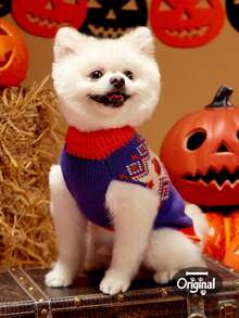 1 件宠物猫狗通用万圣节紫色南瓜几何提花针织高领弹力舒适保暖狗毛衣，PETSIN 原创设计 - 彩色 - 查看 5