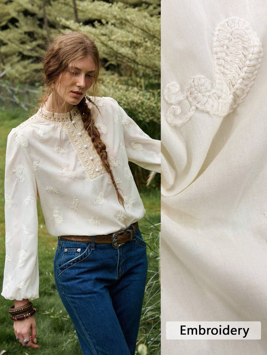 Florisole 优雅杏色灯笼袖刺绣女式衬衫，精致设计，适合春夏秋三季穿着。 - 杏色 - 查看 1
