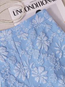 SHEIN LUNE 女士花卉提花宽腿宽松短裤 - 藍色 - 查看 5