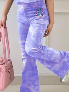 SHEIN 2件套女童休闲卡通兔子露露套装，缝线图案扎染天蓝色圆领短袖T恤搭配喇叭裤，适合夏季和秋季穿着。 - 彩色 - 查看 4