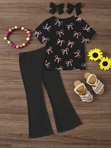 SHEIN Happikins 2pcs/Set Young Girl Casual Minimalist Pink Leopard Print Bow Decor Round Neck Short Sleeve Top And Flare Pants Outfit, Suitable For Summer