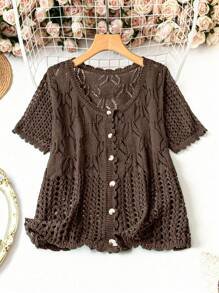 SHEIN LUNE Plus Size Women Solid Color Knitted Round Neck Hollow Out Single-Breasted Short Sleeve Cropped Casual Lightweight Cardigan, Spring/Summer - Brown - View 1