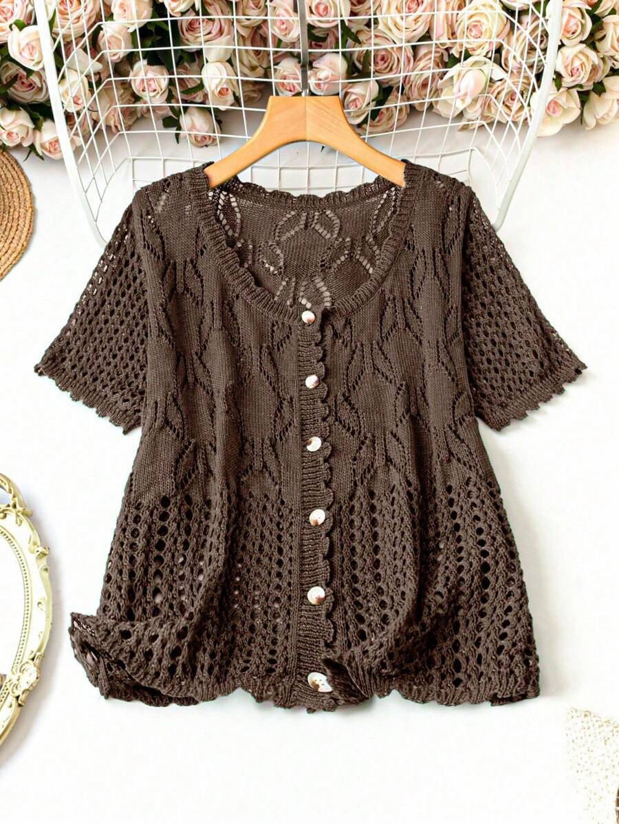 SHEIN LUNE Plus Size Women Solid Color Knitted Round Neck Hollow Out Single-Breasted Short Sleeve Cropped Casual Lightweight Cardigan, Spring/Summer - Brown - View 1