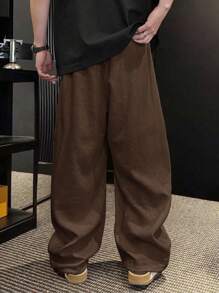 Claim Dot Men's Loose Straight Leg Casual Pants, Linen Elastic Waist Trousers, For Fall