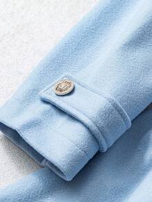 GlowEve CURVE Áo khoác len dài vừa phải thời trang cỡ lớn có dây thắt eo, trang trí nút vàng, phong cách cao cấp thích hợp cho các buổi tụ tập, thường ngày, đi làm, ngày lễ tình nhân, lễ Halloween - Màu xanh nhạt - Xem 3