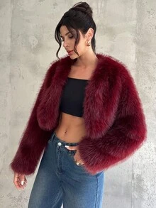 Firerie Women's Fashionable Elegant Minimalist Burgundy Faux Fur Short Coat, New Autumn/Winter Jacket - Burgundy - View 13