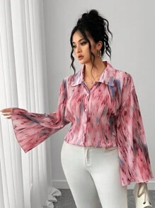 Elenzga Plus Size Women's Tie-Dye Drop Shoulder Long Sleeve Single-Breasted Loose Fashion Shirt