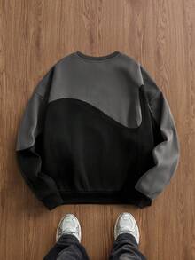 EASEVO 大码男士休闲圆领套头衫，纯色拼布撞色，适合秋冬 - 彩色 - 查看 2