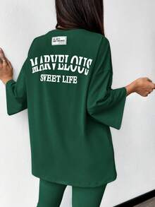 Mulvari 2 件套女士夏季字母印花超大 T 恤和裤子休闲装 2 件套 - 墨綠色 - 查看 5