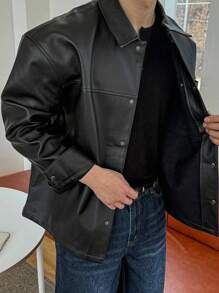 DAZY Giacca in pelle PU nera tinta unita da uomo, camicia da uomo a maniche lunghe autunnale