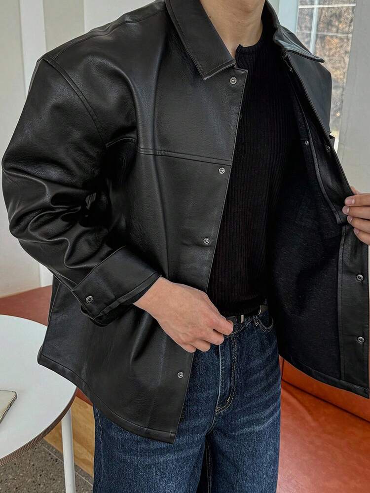 Men's Black Solid Color PU Leather Jacket, Autumn Long Sleeve Men Shirt