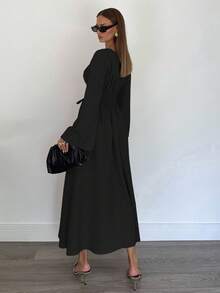 Siren Gaze 女士纯色简约长袖连衣裙，休闲日常穿着 - 黑色 - 查看 2