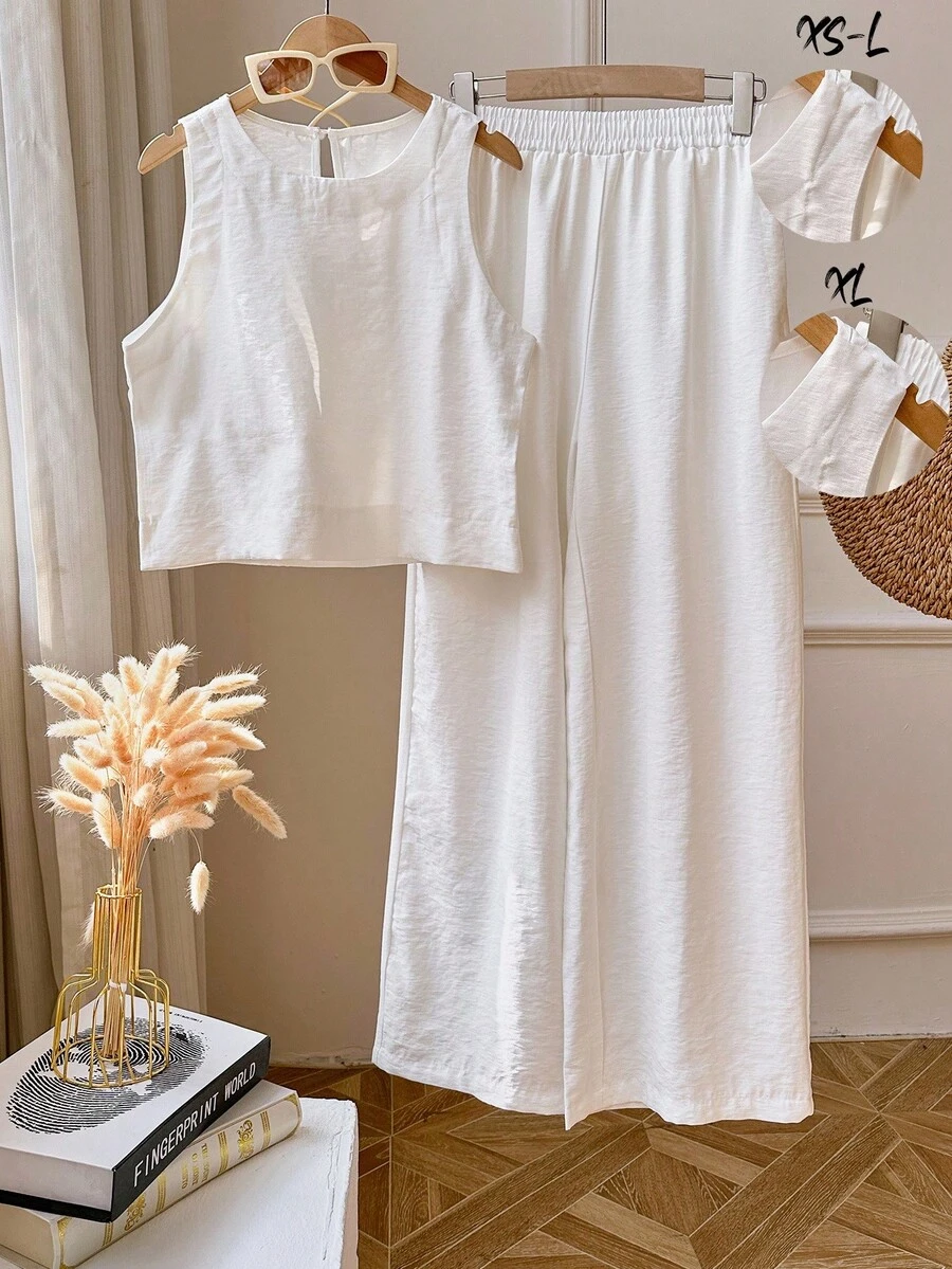 INAWLY 2pcs Women Sleeveless Solid Camisole And Pants Set - White - View 1