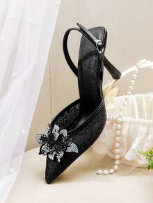 CUCCOO HITCHD 女士 V 型低帮优雅交叉带方头踝带扣花卉装饰方头高跟鞋，适合礼服、情人节 - 黑色 - 查看 12
