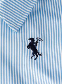 年轻女孩时尚条纹领夹克刺绣设计，适合日常休闲穿着 - 藍色 - 查看 4