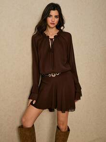 Poéselle 女式度假休闲纯色喇叭袖短款连衣裙 - 棕色 - 查看 8