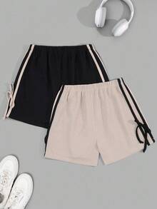 SHEIN Cottnline Women 2 Packs Waflle With Contrast Colour Side Stripe With Bow Detail Homwear Lounge Shorts Set - Multicolor - View 2