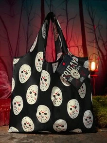 WB Horror X SHEIN 1 Túi mua sắm gấp gọn in hình mặt nạ hoạt hình, Túi tote có túi đựng kèm theo Túi có dây xích hạt, Có thể treo trên ba lô, Mặt nạ bóng chày, Halloween, Túi Halloween hoàn hảo cho bữa tiệc sang trọng kết hợp với trang phục Halloween, Quà tặng Halloween tuyệt vời nhất cho phụ nữ - Nhiều màu - Xem 2