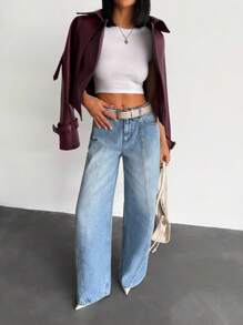 RueChic 女士低腰阔腿蓝色牛仔裤 日常休闲 - 中等水洗藍 - 查看 6