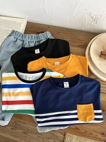 SHEIN 小男孩买 3 送 1，4 件/套舒适、经济、百搭日常休闲条纹圆领短袖 T 恤带口袋，适合春夏季、日常穿着、运动、郊游、学校、聚会、节日、拍照、返校季 - 彩色 - 查看 6