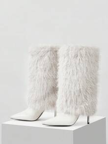 MOTF 毛茸茸的尖头高跟中筒靴，宽松的及膝靴，适合通勤、约会、派对和其他时尚场合 - 米色 - 查看 4