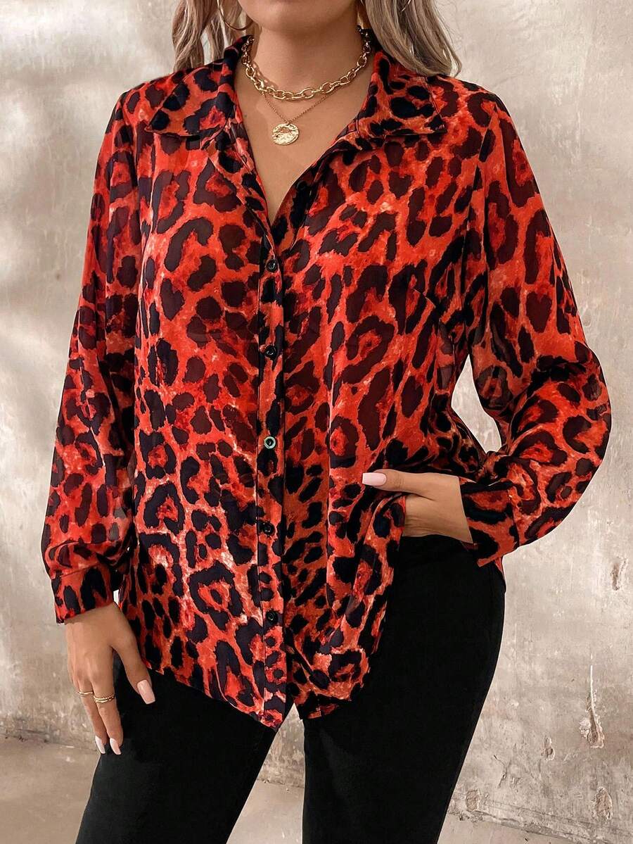 EMERY ROSE Plus Size Fashionable Leopard Print Long Sleeve Shirt Fall Cloth For Women - Red - View 1