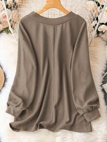 EMERY ROSE Plus Size Solid Color Casual Long Sleeve T-Shirt, Suitable For Spring And Autumn Fall Cloth For Women