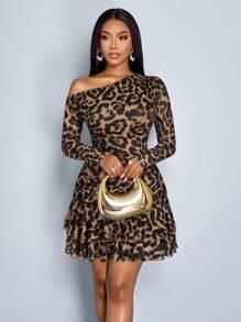 SOLERSUN 高端简约优雅性感通勤女士秋冬服装，派对/外出装，腰部聚拢豹纹针织网眼塑身露肩女式迷你连衣裙，返校季少女下摆俱乐部风格（随机花卉）秋季女装冬季女装返校节礼服感恩节女装返校服教师装万圣节节日气球裙，猎豹印花连衣裙 - 棕色 - 查看 6