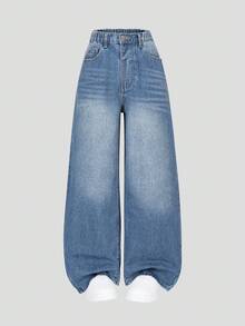 青少年女孩 Y2K 风格水洗牛仔阔腿牛仔裤，休闲松紧腰宽松日常时尚裤，适合青少年女孩 - 中等水洗藍 - 查看 5