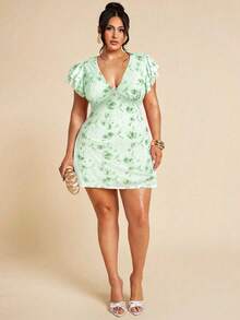 SHEIN BAE Đầm ôm sát cổ chữ V tay bèo họa tiết hoa thanh lịch cỡ lớn dành cho nữ, phù hợp mặc hàng ngày, đi chơi, hẹn hò, trà chiều, kỳ nghỉ, xuân/hè, trở lại trường - Màu xanh Bạc hà - Xem 5