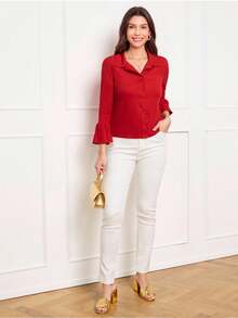 Miaspire Women's Casual Minimalist Solid Color Flared Cuff Button Front T-Shirt - Red - View 5