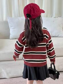 DAZY Young Girl Regular Turndown Collar Striped Korean Style Long Sleeve School Sweater Fall, Winter - Red - View 2