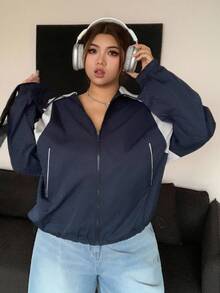 Dazy Plus Color Block Collar Zip Up Loose Fit Plus Size Women Sports Casual Jacket Fall/Winter