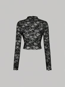 SHEIN MOD 女士两件套蕾丝透视长袖黑白上衣，秋冬女装，万圣节、派对、优雅、哥特、时尚，女士优雅透视花卉蕾丝长袖高领修身露脐上衣，时尚女士黑白薄纱蕾丝网纱高领长袖修身上衣，蕾丝长袖，黑白上衣 - 黑與白 - 查看 7
