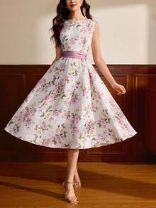 Vintamour Vintage Classic Elegant Party Women's Dress, Autumn/Winter, Fitted Waist Tie Dress, Bowknot Dress, Floral Print Dress, Pink Flared Dress, Sleeveless Dress Autumn Clothes Elegant Women's Dresses