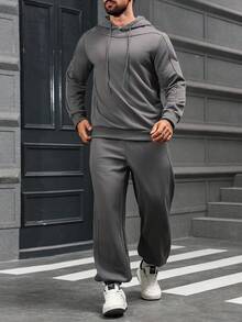 Manfinity Homme 男士纯色简约休闲长袖连帽衫和裤子套装男士运动服套装男士连帽衫和运动裤套装男士慢跑套装休闲两件套男士男士运动服套装，秋季服装 - 深灰色 - 查看 7