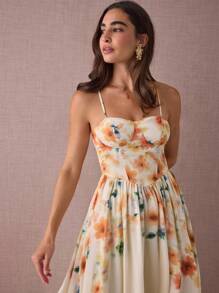 Enchnt Fall/Winter Romantic Women's Apricot Floral Print Spaghetti Strap Princess Maxi Dress - Yellow - View 2