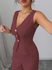 Elenzga 女士优雅无袖西装背心和裤子套装，商务/通勤风格，夏季 - 紅木色 - 查看 6