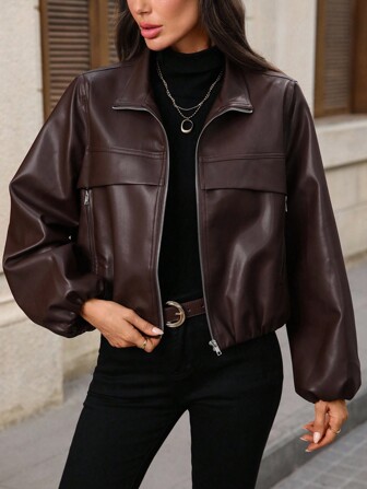 EMERY ROSE Chaqueta corta de cuero sintético con cremallera para mujer, ropa de mujer de otoño, chaqueta de cuero, chaqueta corta, chaqueta bomber de mujer, ropa exterior de mujer, chaqueta marrón