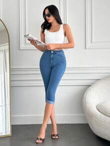 EURMUSE Medium Blue  Long Short Fold Up Detail - Medium Wash - View 4