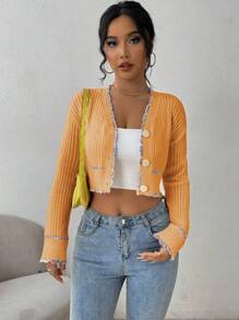 Chiquease Cardigan Pendek Elegan dengan Trim Warna Kontras untuk Wanita, Cocok untuk Musim Gugur dan Musim Dingin. - Kuning - View 6