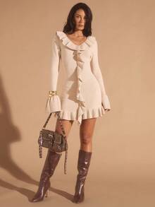 Glamine 女士纯色荷叶边领喇叭袖针织连衣裙，秋季时尚 - 杏色 - 查看 1