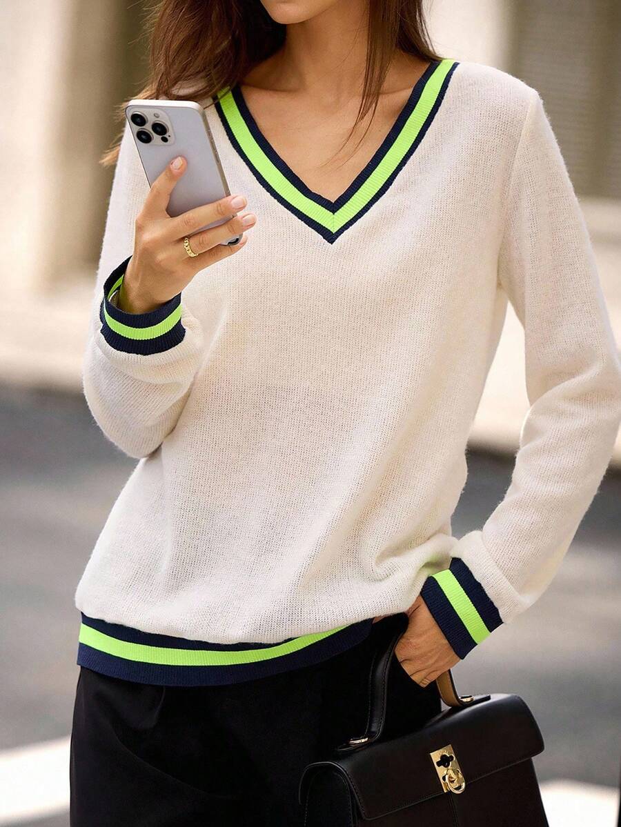 Hanevo 女式撞色 V 领长袖套头运动衫秋季上衣,背面上衣学校 - 杏色 - 查看 1